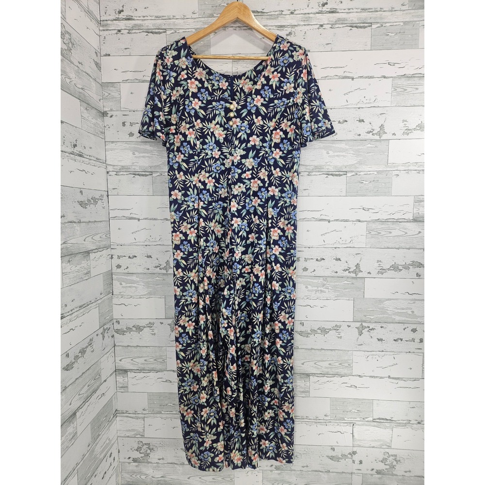 Vintage Jeffrey & Dara Petite Floral Jumpsuit Navy Wide Leg 13/14 Made in USA